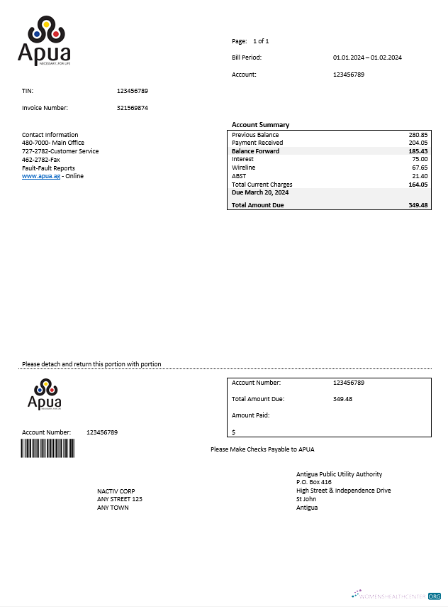 Download ANTIGUA AND BARBUDA APUA business utility bill Word and PDF template Photoshop template
